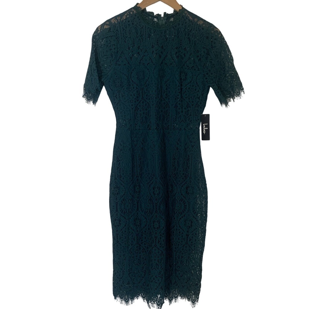 Lulus Dress Green Lace Panel Semi Sheer Midriff Midi Dress S HOCO Cocktail